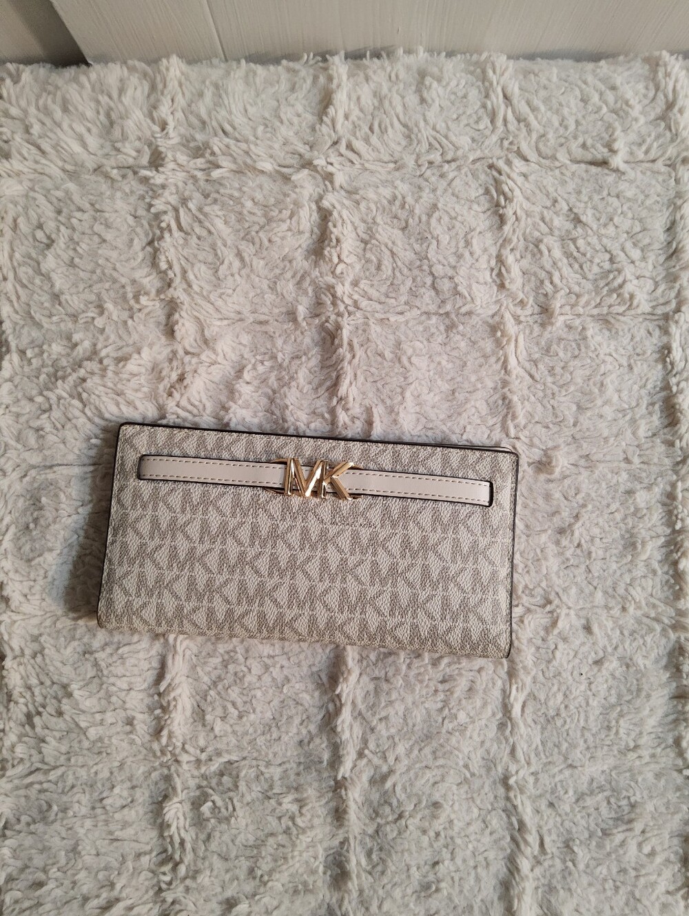 Michael Kors Cream Signature Logo Continental Wallet with Gold MK Emblem